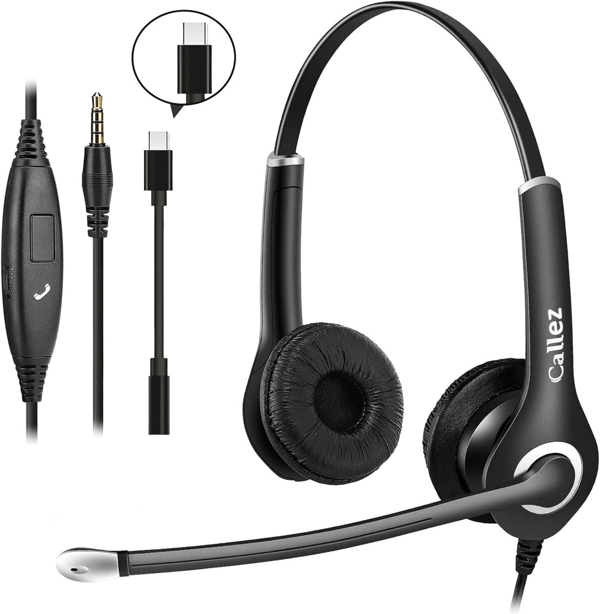 Callez Computer Headset, 3.5mm Cell Phone Headset with Mic Noise Cancelling, USB-C Wired Headphone for PC Laptop Mac iPhone Samsung Zoom Teams Call Center Home Office Work, in-line Controls