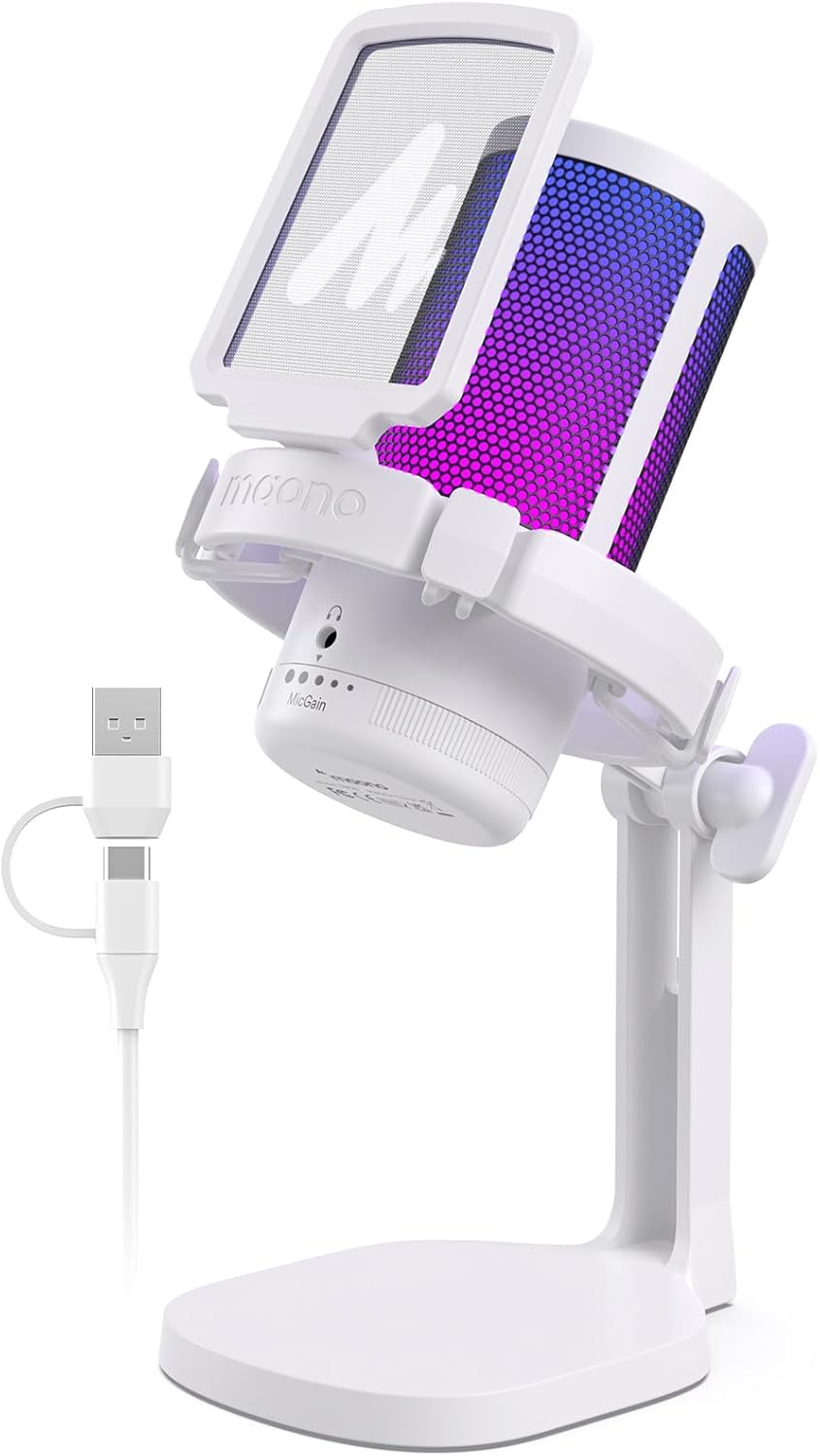 MAONO Gaming Microphone for PC with Noise Cancellation, USB Condenser Mic for Computer, Mac, Laptop, PS5, Streaming, Podcast, Twitch, YouTube, Discord, GamerWave DGM20 White