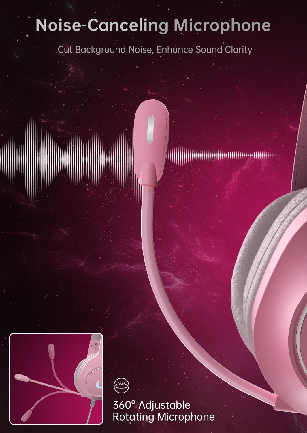 CM7002 Gaming Headset for PS5, PS4, PC, Mac, Switch, Xbox Series, Surround Sound RGB Gaming Headphones with Noise Canceling Microphone, 50MM Dynamic Drivers, 3.5MM Audio Jack, Light Pink