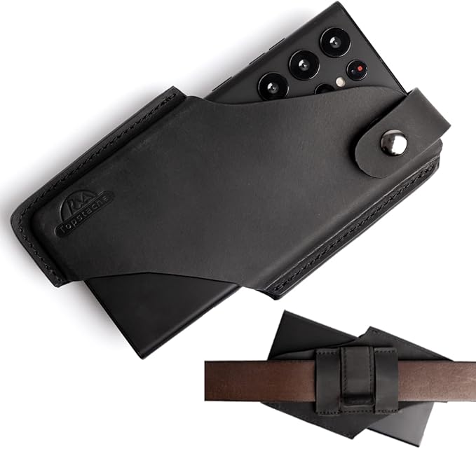Topstache Leather Cell Phone Holster for iPhone 17/17 Pro/16/16 Pro - Belt Clip Cell Phone Case for Men for Galaxy S25/S24/S23 - Magnetic Closure Leather Holster Holder Pouch, M,Black