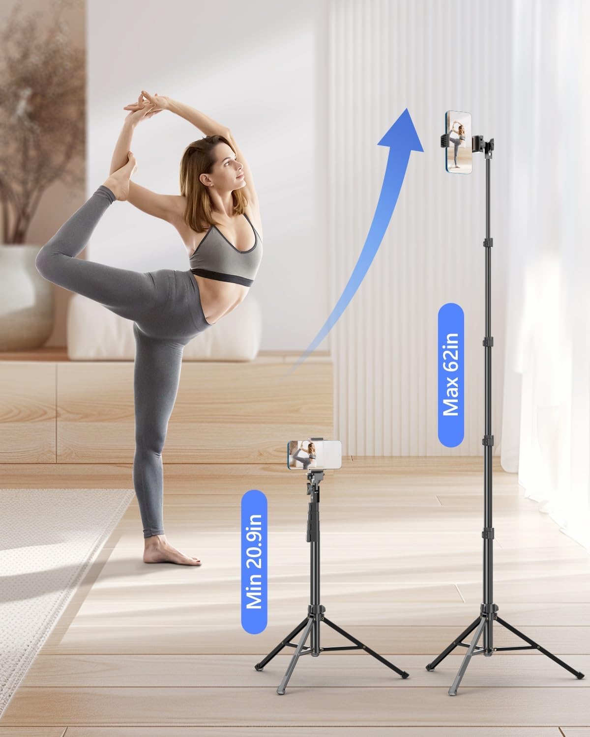 EMART 62’’ Cell Phone Tripod Stand, Adjustable Floor Cellphone Tri Pod Holder with Remote for iPhone and Android, Portable Compact Smartphone Selfie Stick for Video Recording Camera Ring Light Filming