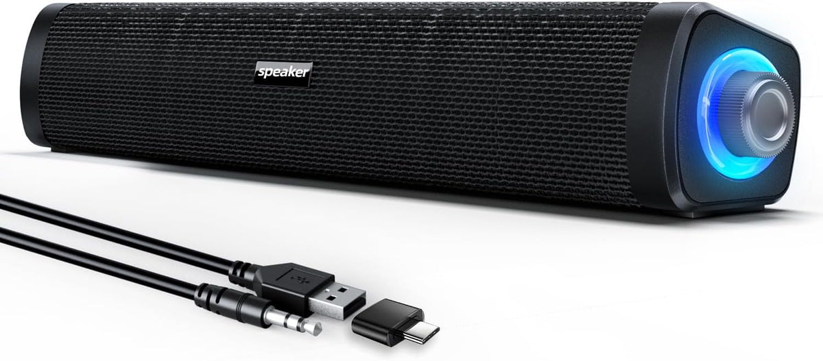 USB Computer Speakers,Computer Speakers with 3.5 mm aux,Wired USB Powered & Colorful LED Lights with Switch Button,Surround Sound Portable SoundBar for Monitor Laptop Phone(Black)