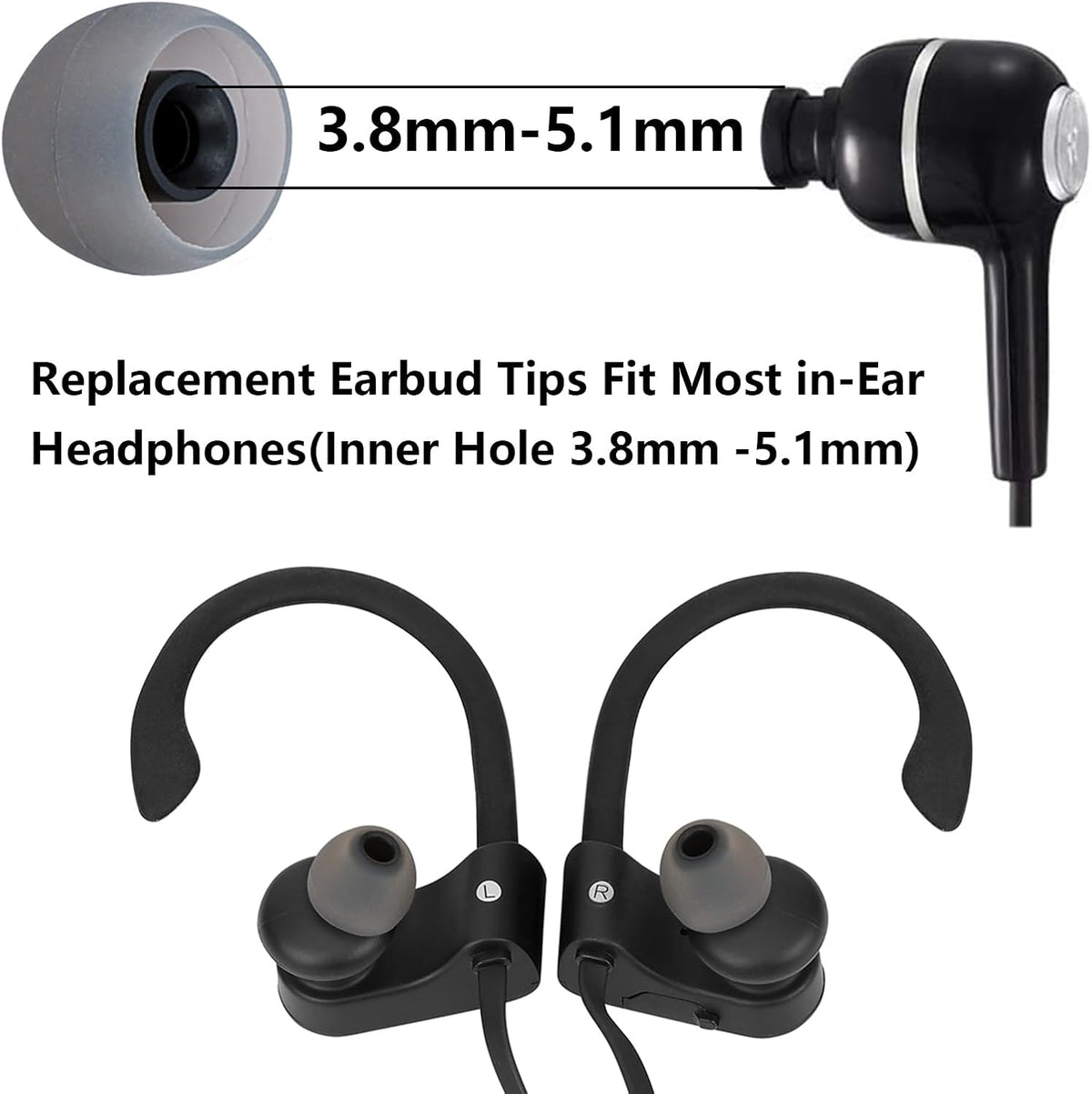 Earbud Replacement Tips Silicone Earbud Tips Earbud Covers Fit for in-Ear Headphones (Inner Hole 3.8mm -5.1mm) Ear Tips Earbud Rubber Tips 9 Pairs S/M/L