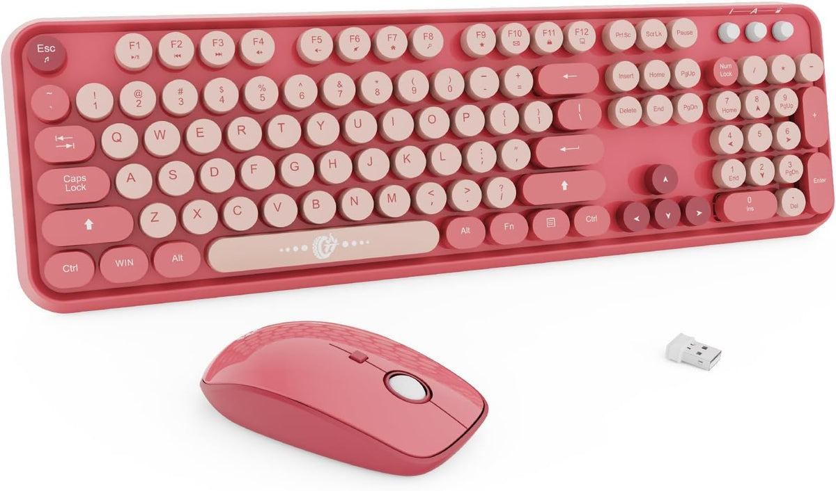 Wireless Keyboard and Mouse Combo, 104 Round Keys Cute Colorful Keyboard and Mouse with Retro Typewriter for PC/Mac/Laptop/Tablet/Computer/Windows Rose