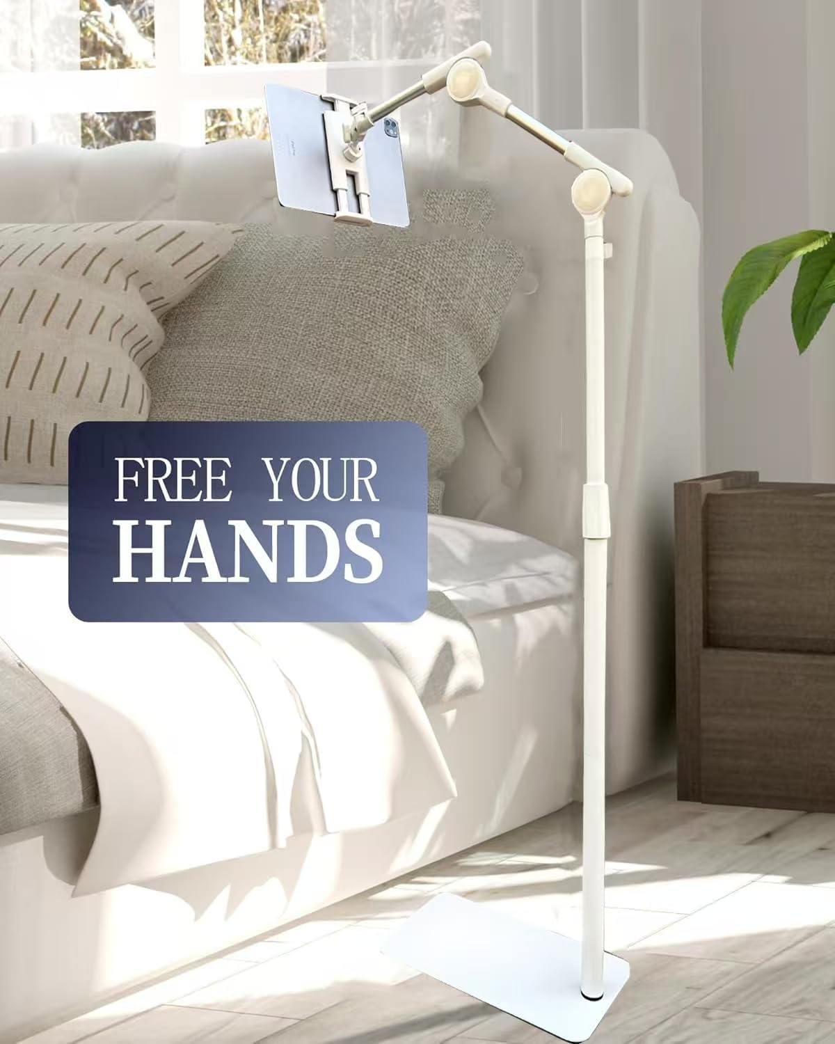 Tablet Floor Stand Holder, 360 Degree Rotating with Height Adjustable Stand Compatible with 4.7"-13" Phone/Tablet, Kindle, 63" Phone Stand, Aluminum Alloy, for Bed,Sofa,Desk（White）