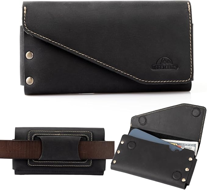 Topstache Belt Loop Leather Phone Holster for iPhone 17/17 Pro/16/16 Pro, Galaxy S25/S24 - Cell Phone Belt Holder - Leather Pouch with Card Holder Wallet - Fit Protective Case on, L,Black