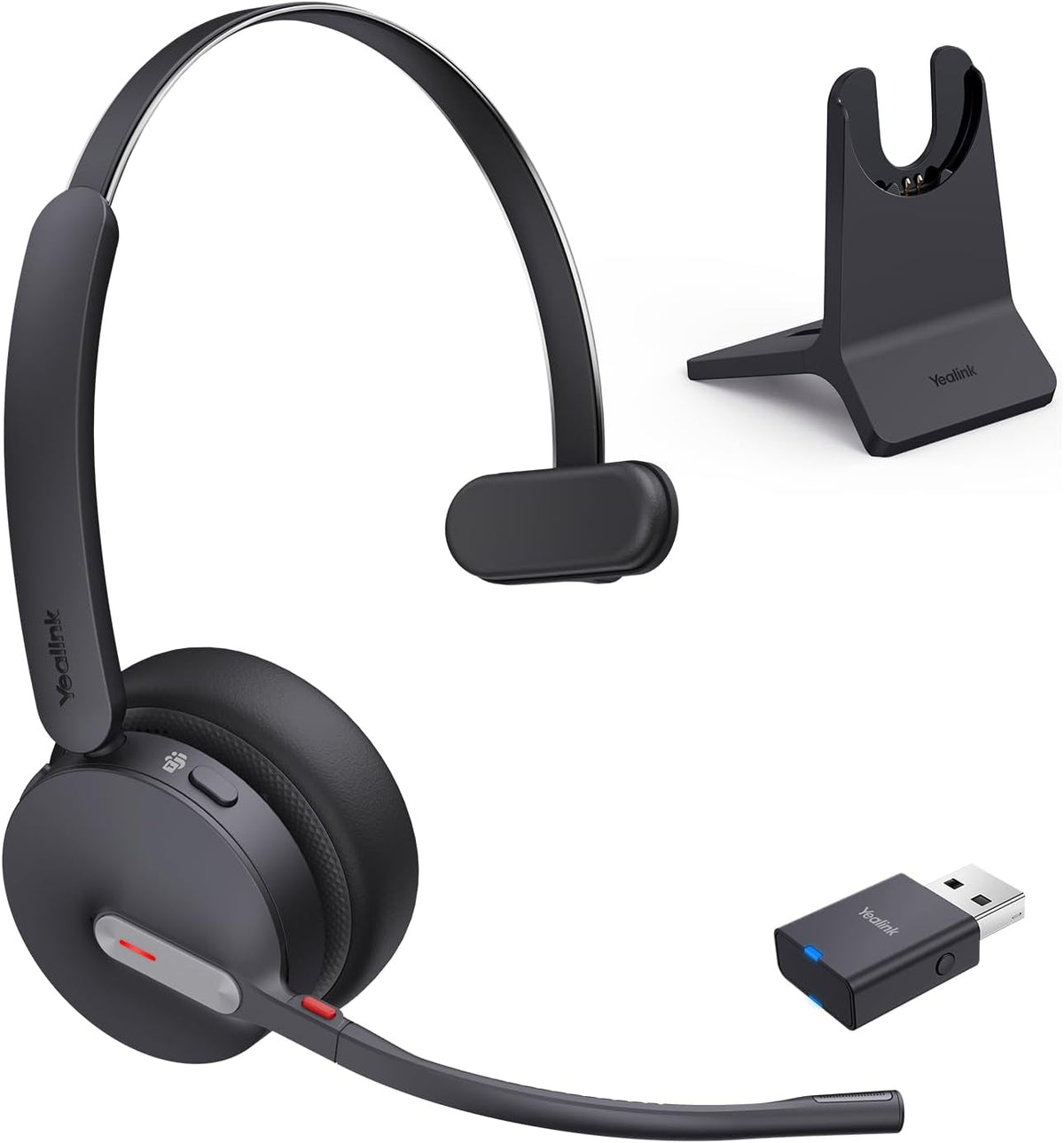 Yealink WH64 Hybrid Wireless Headset Dongle & Charging Stand, 492ft Range DECT&Bluetooth Headphones for Teams, Zoom UC,Single Ear Noise Cancelling Portable Headsets with 3X Mic, 26H Calls,(PC/Phone)