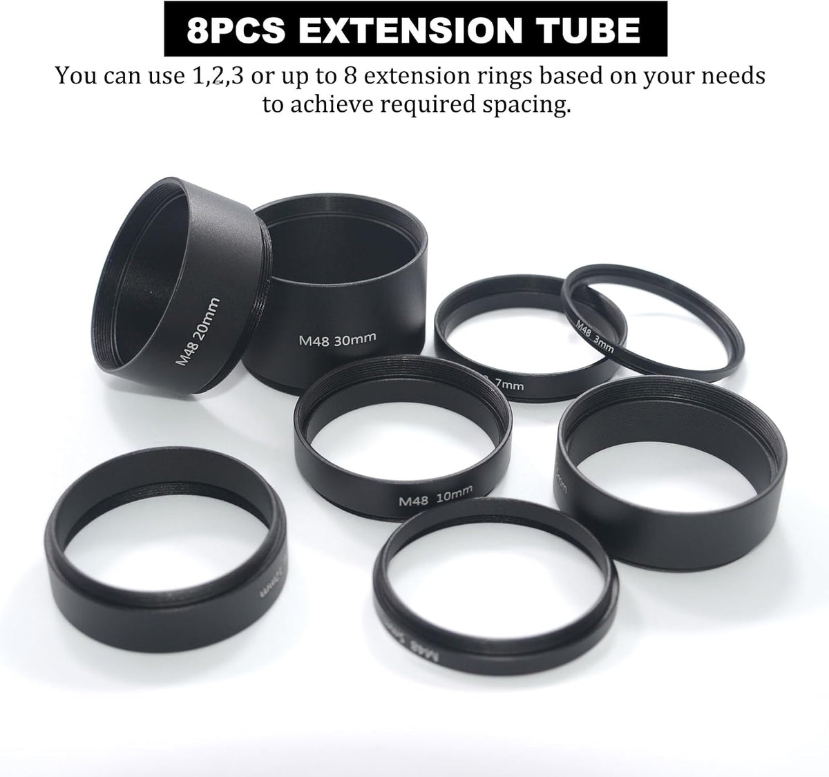 8PCS M48x0.75 Set,M48 3mm 5mm 7mm 10mm 12mm 15mm 20mm 30mm Telescope Extension Tube Extension Tube Kit Length Extending