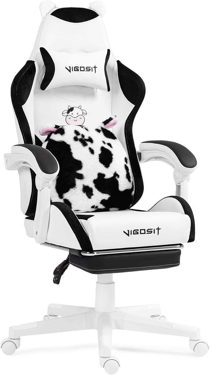 Cute Gaming Chair for Girl Ergonomic Cat Computer Chair with Armrests High Back Video Game Chairs with Footrest and Massage Lumbar Support for Teen &amp Woman Adjustable Height (Black+White)