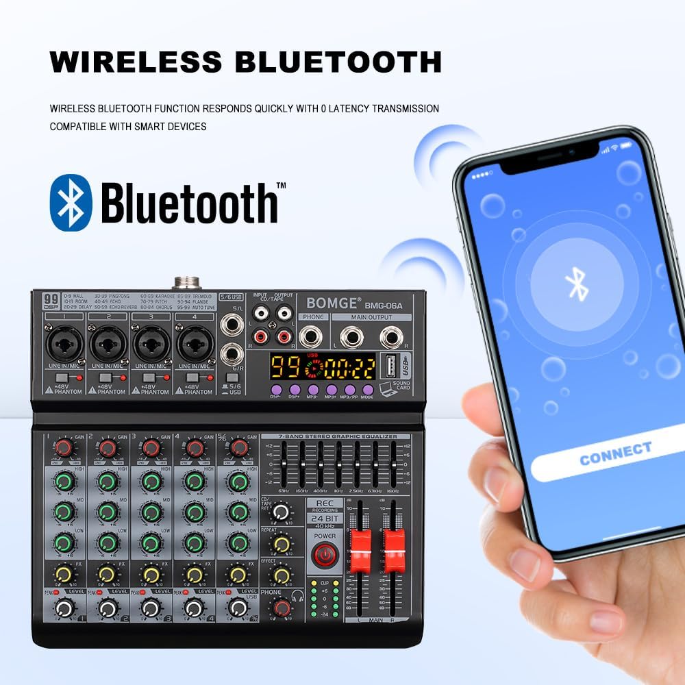 BOMGE 06A Professional 6 Channel DJ Audio Mixer, DJ Controller Sound Mixer with 99 DSP Effects,7-band EQ Independent 48V Bluetooth USB Interface Recording for Studio Stage Party Home Recording