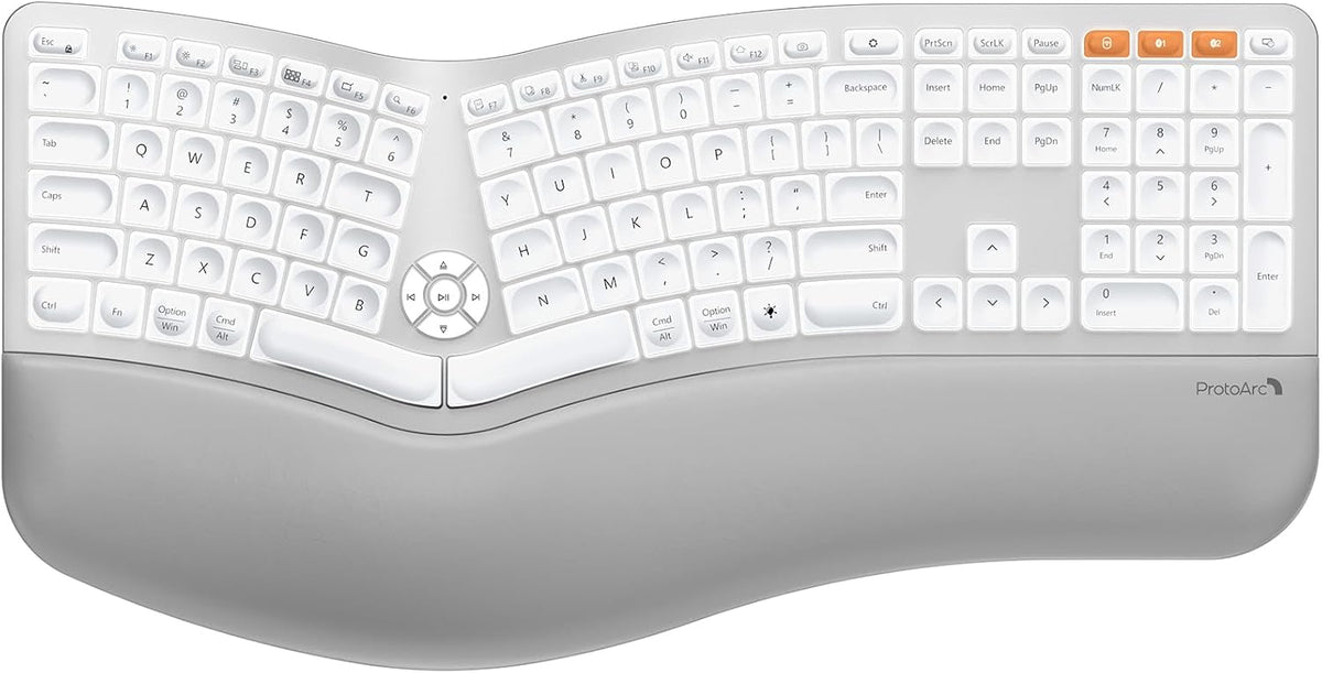 ProtoArc Backlit Bluetooth Ergonomic Keyboard, EK01 Plus Full Size Wireless Split Keyboard with Dual Bluetooth and USB, Cushioned Wrist Rest, Rechargeable, for Windows/Mac/Android, White and Silver