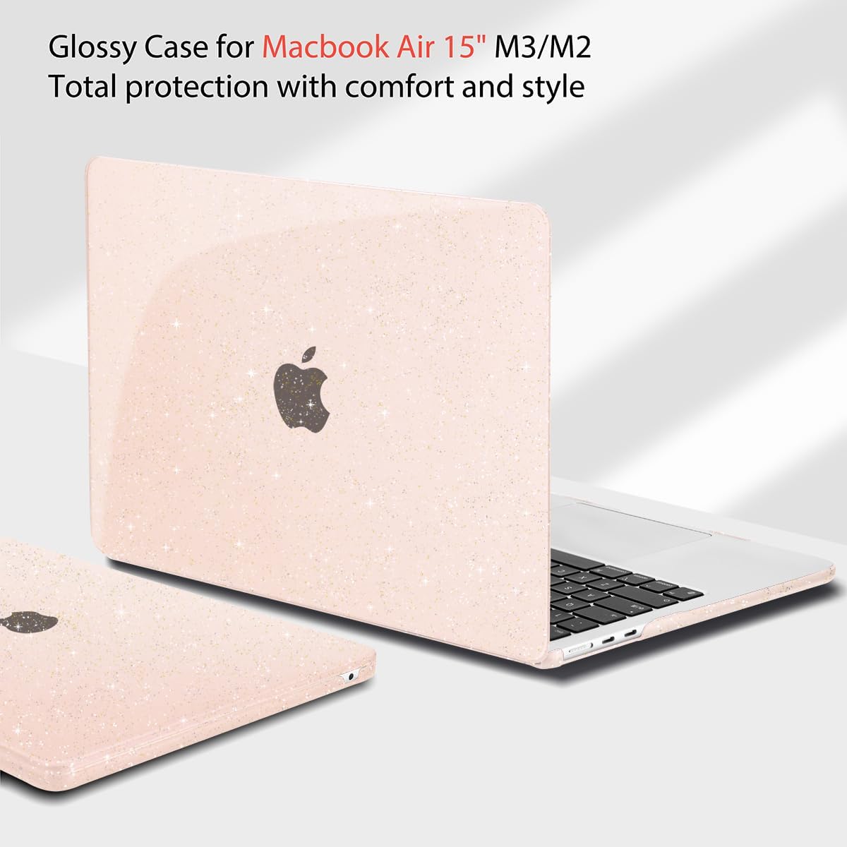 Teryeefi for MacBook Air 15 inch Case M4 M3 M2 Chip 2025 2024 2023 Release A3241 A3114 A2941 Model with Keyboard Cover + Type C Adapter for 15 inch MacBook Air Sparkly Case, Glitter Cheey Pink
