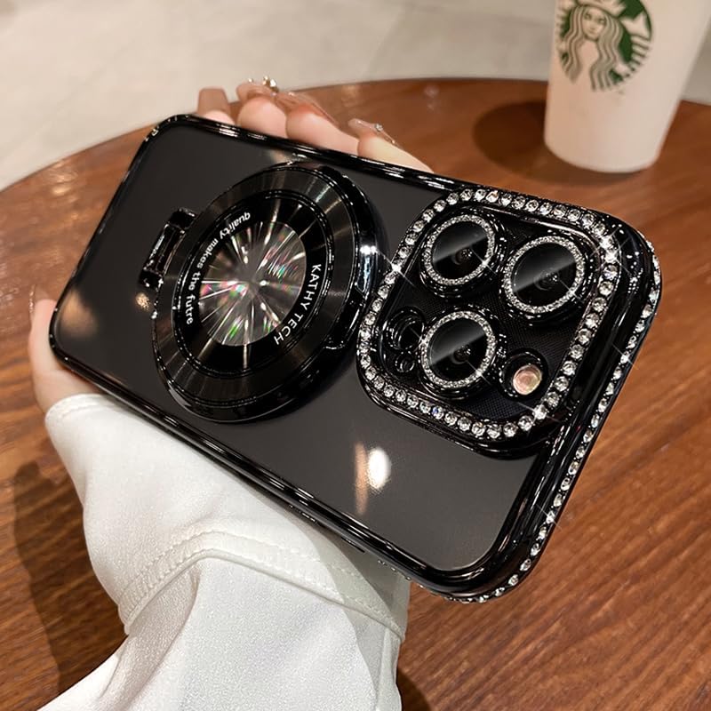 Magnetic Kickstand (Glitter Lens Protector ) Case for IPhone 15 14 13 12 Pro Max (Compatible with Magsafe ) Sparkling Diamond Cover Glitter Shiny Rhinestone Cases (Black,for iphone 15 Plus)