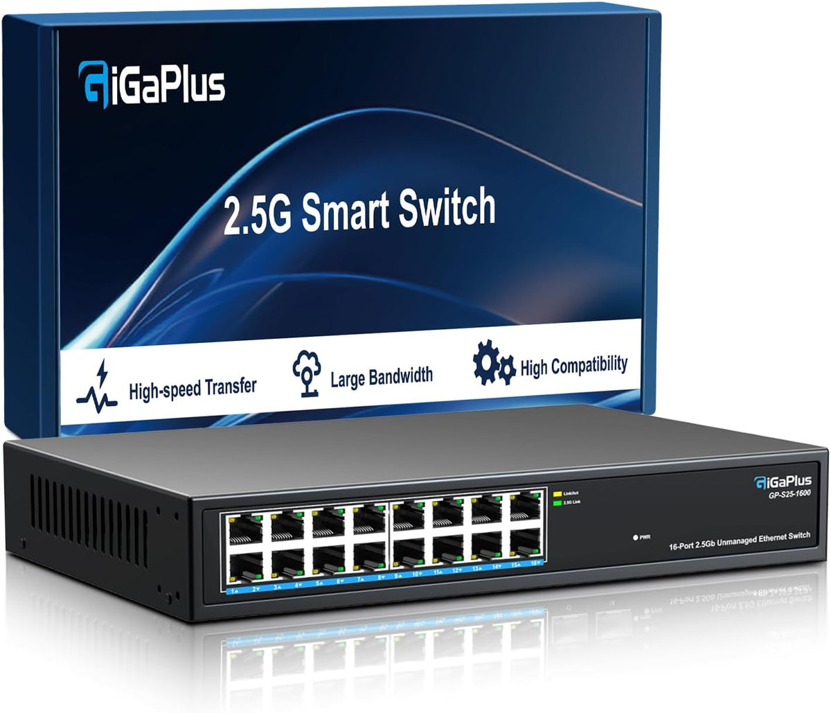16 Ports 2.5Gb Unmanaged Ethernet Switch, 16*2.5G Base-T Ports. GiGaPlus 2.5Gbps Network Switch for 2.5Gbps NAS/PC, Wireless AP, WiFi6 Router. Plug and Play, Fanless Design.