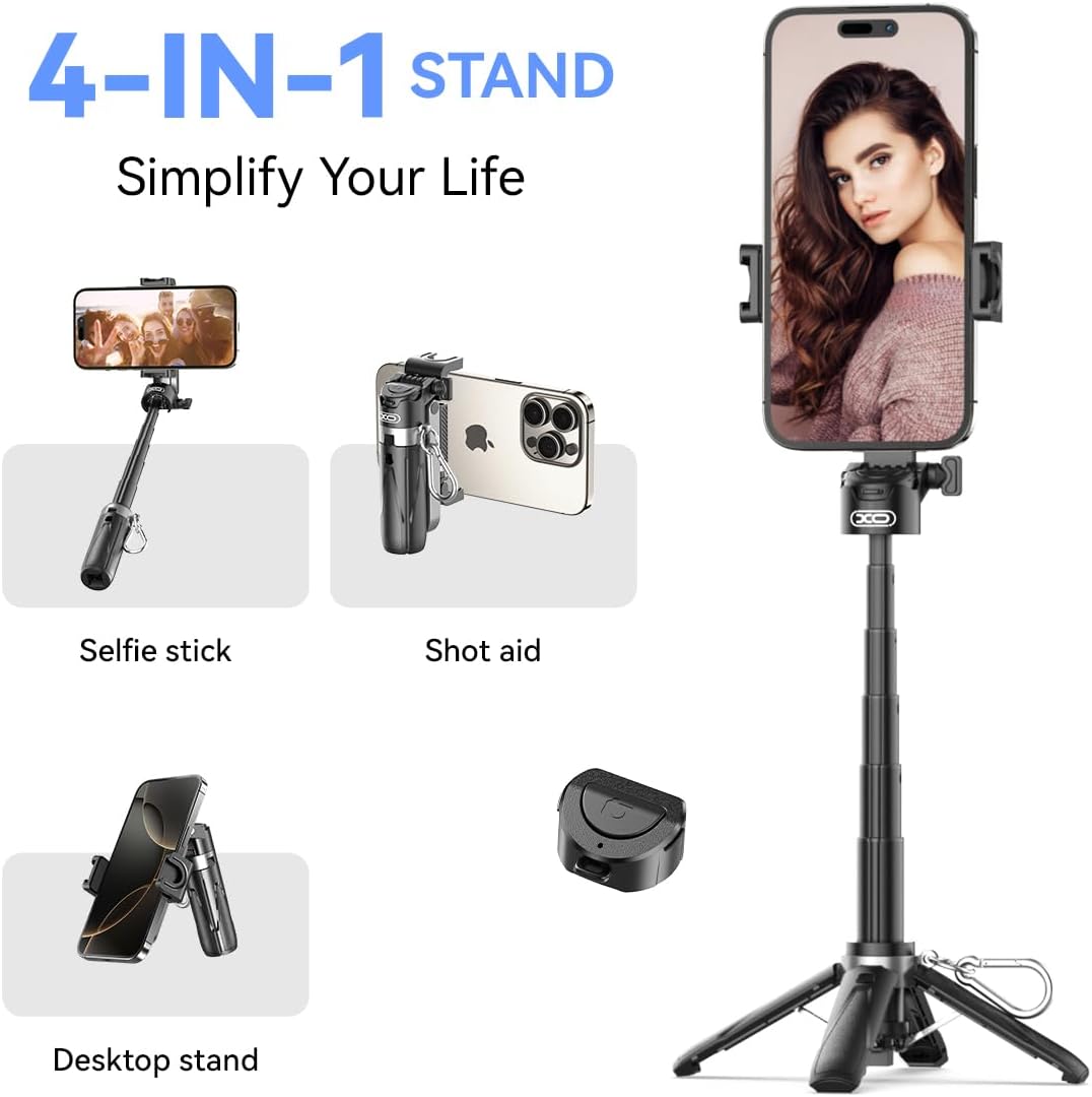 Retractable Mini Tripod for Cell Phone, Portable Selfie Stick Travel Phone Tripod with Remote Control Cell Phone Holder, Sturdy & Stable Adjustable Multi-Angle Shot Selfie Stick for Video Recording