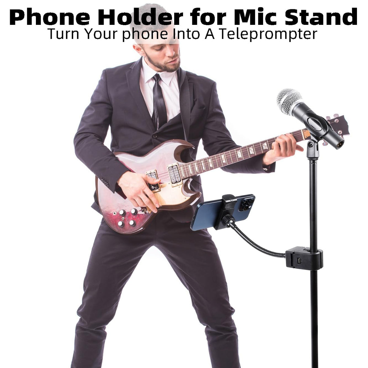 FPN Mic Stand Phone Holder, Flexible Phone Mount with 7.9" Removable Gooseneck for Microphone Music Stand, 360°Adjustable Phone Holder for iPhone 16