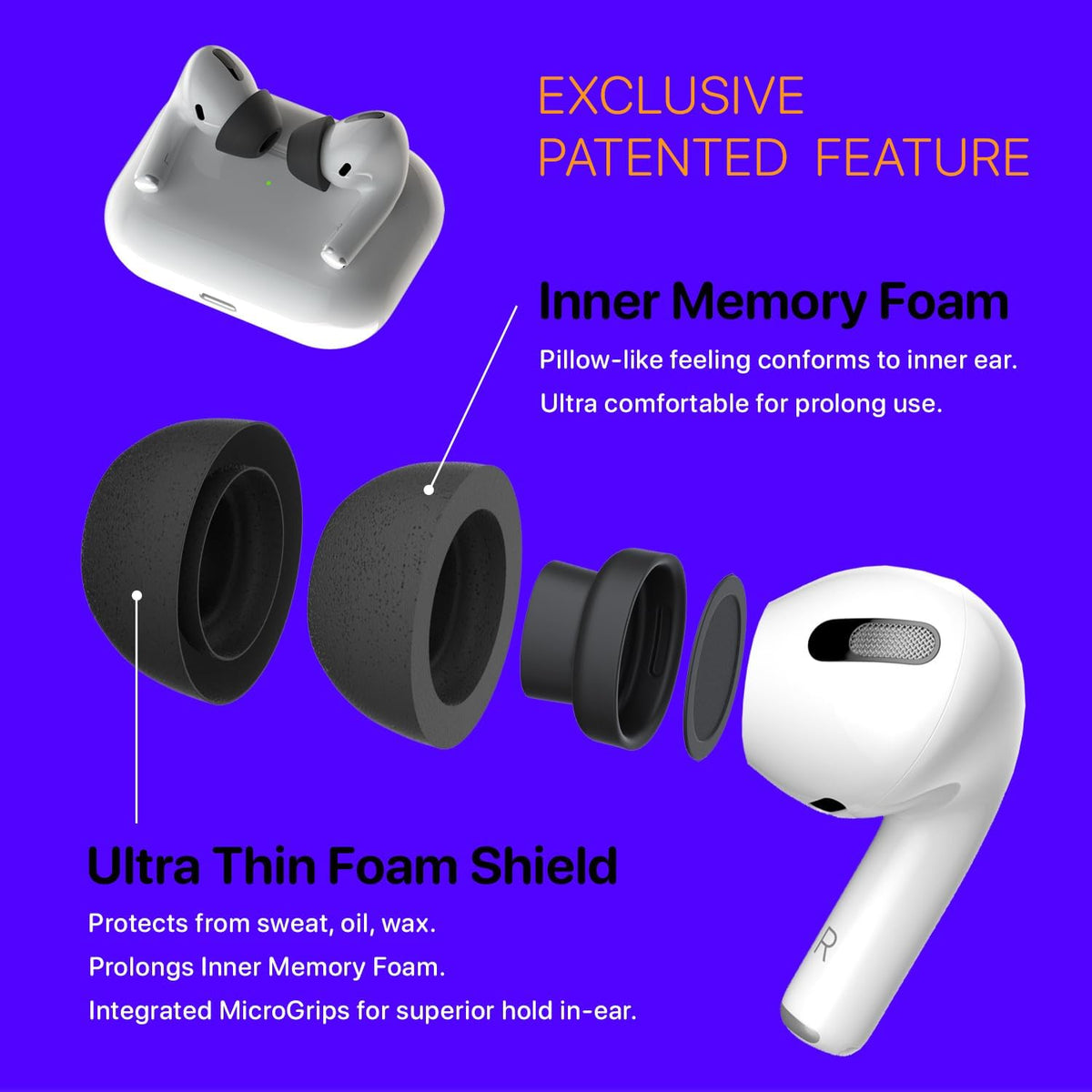 Patented AirFoams Pro Ultra V5.0 Memory Foam Ear Tips with Foam Shield for AirPods Pro 1st & 2nd Gen, Latest Version, Lifetime Replacement, Secure, Comfortable, Replacement Tip (SML)