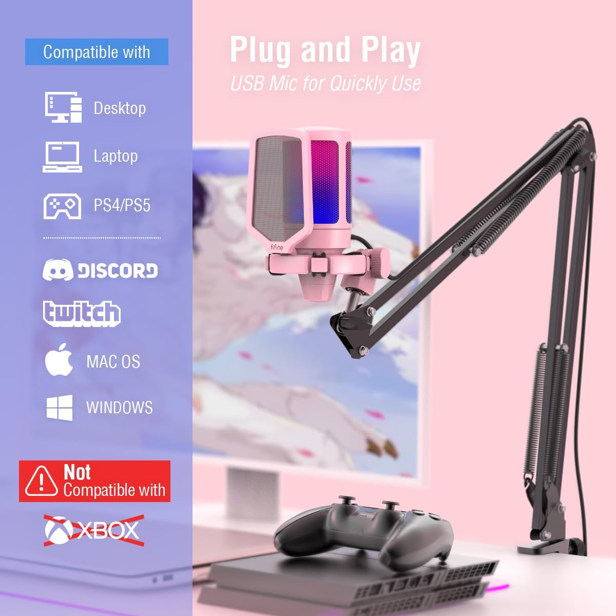 FIFINE Gaming USB Microphone Kit, PC Streaming Recording Computer RGB Microphone Set for Podcasting, Singing, YouTube, Condenser Cardioid Mic with Quick Mute, Gain Knob-A6T Pink