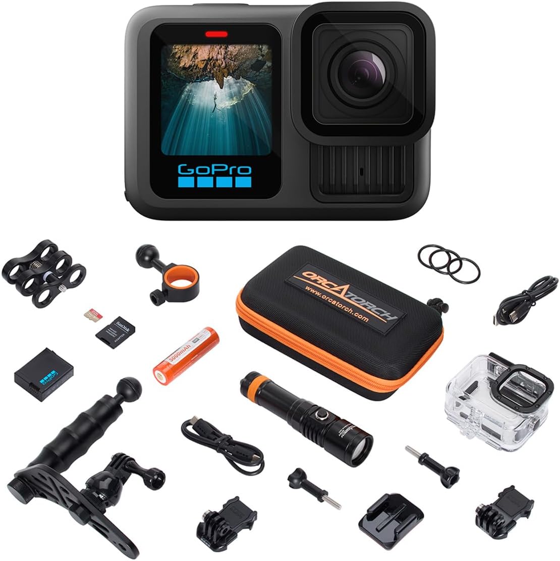 GoPro HERO13 Waterproof Action Camera Dive Kit with 5.3K60 UHD Video, 27MP HDR Photos - Bundle with Protective Housing, Video Light Pack, Camera Tray, Double Clip, 64GB microSD Card (Hero13)