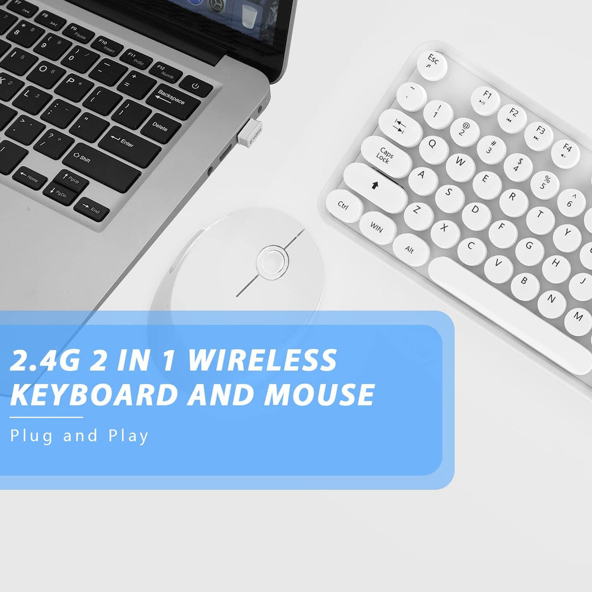 Wireless Keyboard Mouse Combo, 104 Keys Cute White Keyboard with Number Pad & Mouse for Windows, Computer, PC, Notebook, Laptop (White)