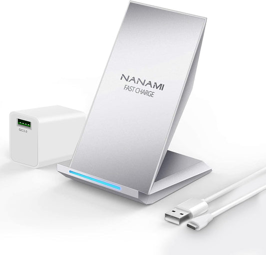 NANAMI Fast Wireless Charger, Qi Certified Charging Stand[with QC3.0 Adapter] 7.5W Compatible iPhone 16/16 Plus/16 Pro/16 Pro Max/15/14/13/12,10W for Samsung Galaxy S24/S23/S22/S21/S20/S10/S9/Note 20