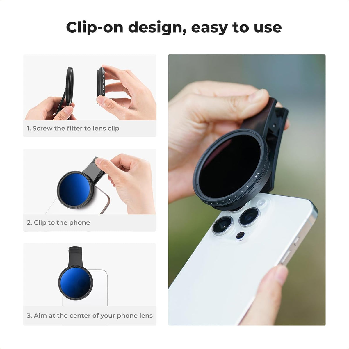 K&F Concept 52mm Clip-on ND2-400 Phone Camera Lens Filter Kit, Adjustable Neutral Density Filter Compatible with iPhone 15 14 13 12 11