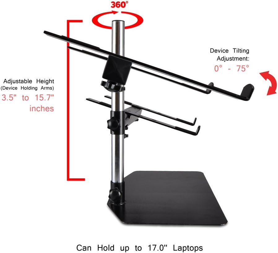 Pyle Portable Dual Laptop Stand – Standing Table Holder with Bracket Arms,Adjustable Height,Ergonomic Design, 360° Swivel for DJ Mixer,Sound Equipment,Workstation,Gaming & Home Use with Tilt Function