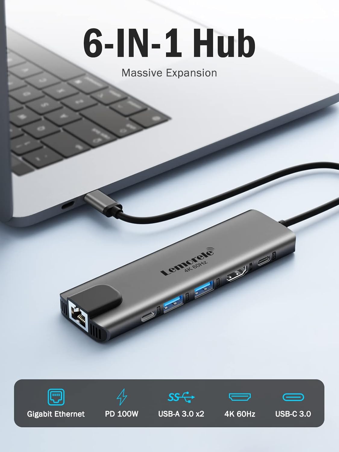 Lemorele USB-C Hub 6-in-1 with 4K@60Hz HDMI, Gigabit Ethernet,100W Power Delivery, USB-C and 2 USB-A 5 Gbps Data Ports for MacBook Air/Pro, Dell, Hp, XPS, and More