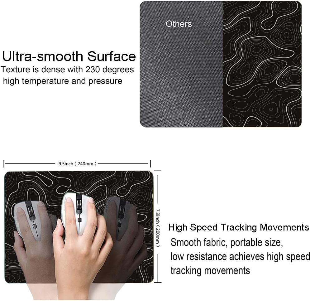 Topographic Contour Map Mouse Pad, Black Minimalist Mouse Mat Waterproof Non-Slip Rubber Base MousePads for Office Laptop Computer Desk