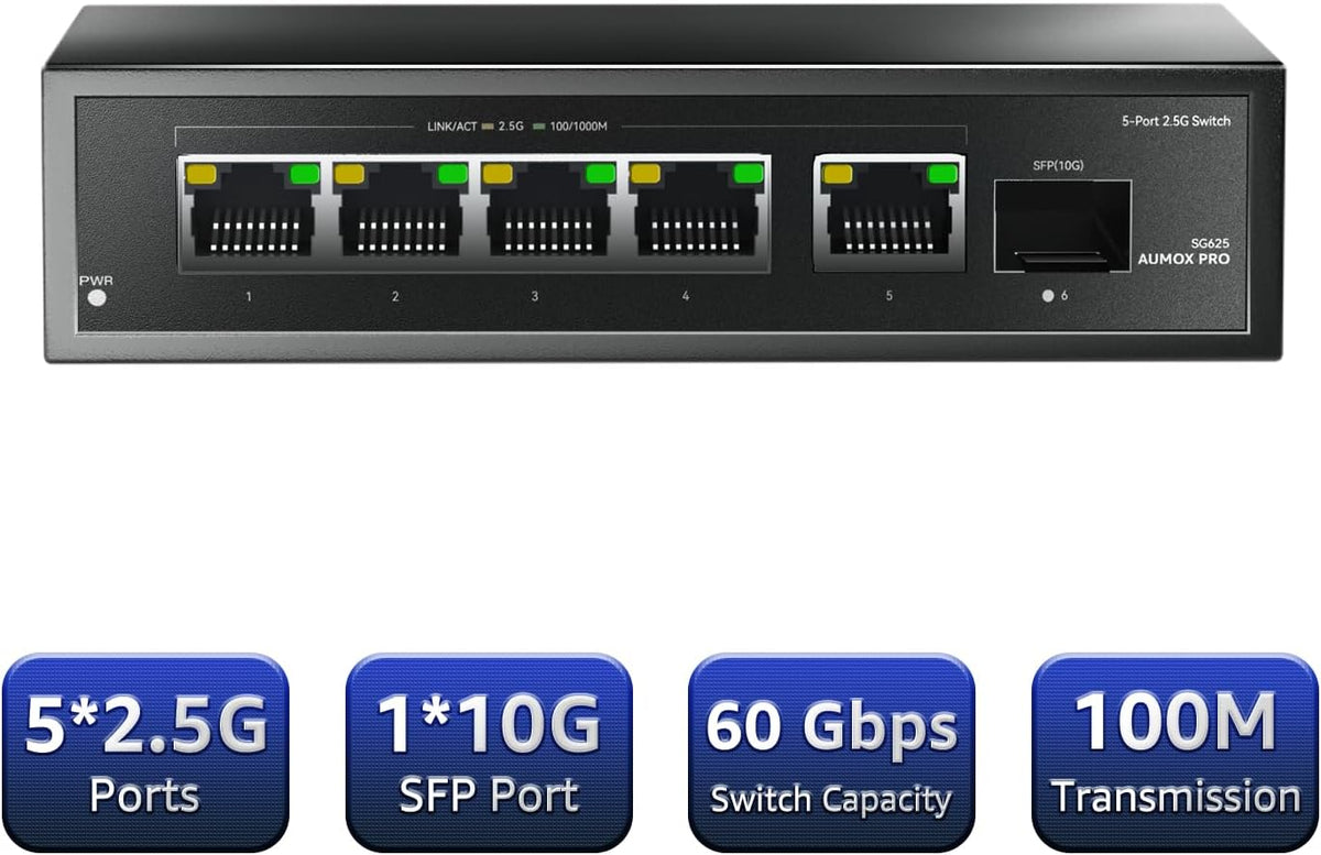 6 Port 2.5Gb Unmanaged Ethernet Switch with 5* 2.5G Base-T Ports, 1*10G SFP Ports, AUMOX PRO 60Gbps Switching Capacity Compatible with 100/1000/2500Mbps Plug and Play