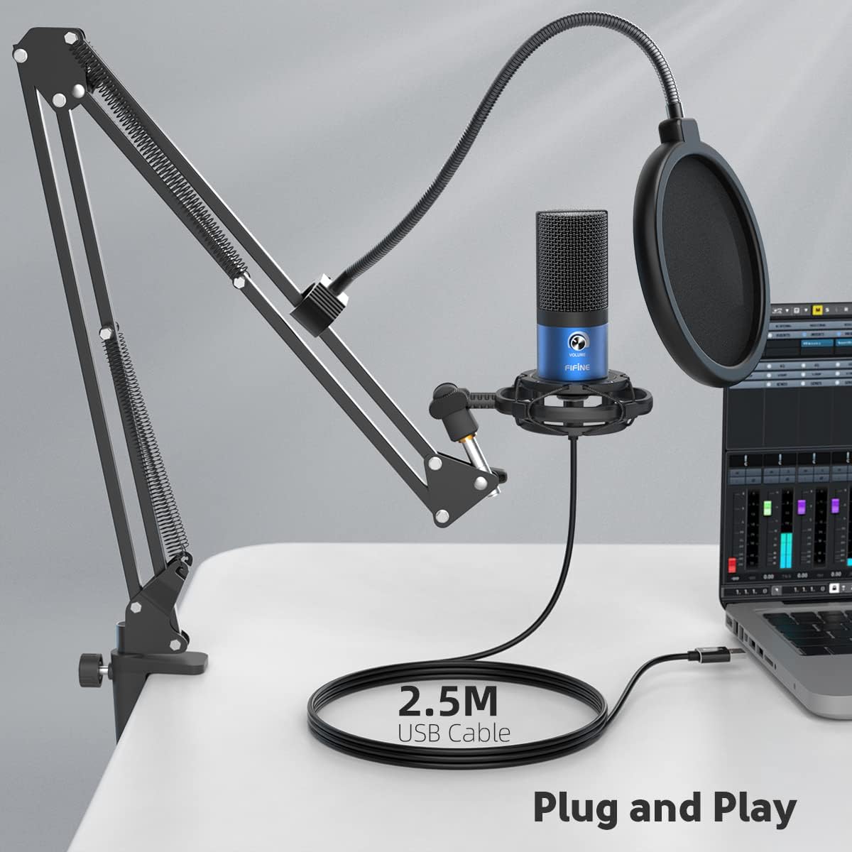 FIFINE USB Recording PC Microphone Kit, Computer Condenser Cardioid Mic on Mac Windows PS4/PS5, for Streaming, Podcasting, Gaming, Video, Home Use, with Gain Knob, Arm Stand-T669 Blue