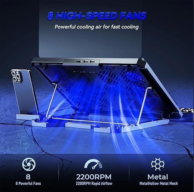 Laptop Cooling pad for Hp Dragonfly Pro Chromebook 14 inch Gaming laptops Laptop Cooler with 8 Fan Adjustable Speed 5-Level Height Adjustment Mute Silent2 USB-A PortBuilt-in Phone Stand