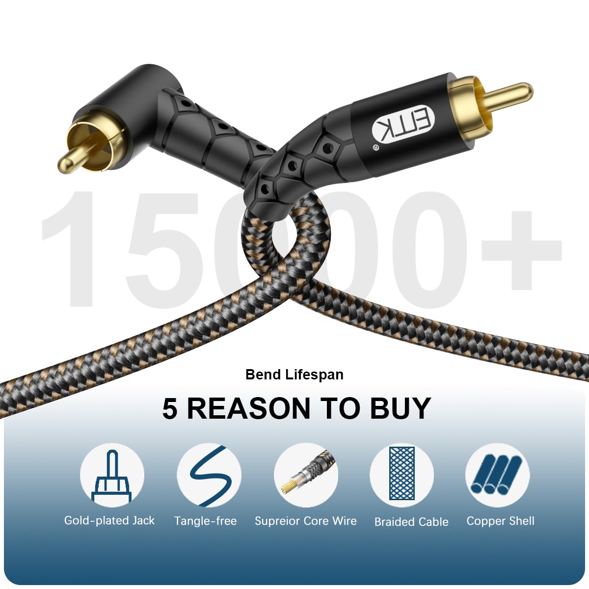 EMK 90 Degree RCA Subwoofer Cable 24K Gold-Plated Connector Nylon Braided Double Shielded – Support Digital & Analog Signals for Amplifier, Home Theater, Hi-Fi System,Subwoofer Black/6.6ft/2m