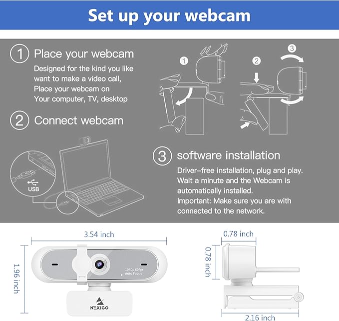 NexiGo N660P 1080P 60FPS Webcam with Software Control Dual Microphone &amp Cover Autofocus HD USB Computer Web Camera for OBS/Zoom/Skype/FaceTime/Teams/Twitch White