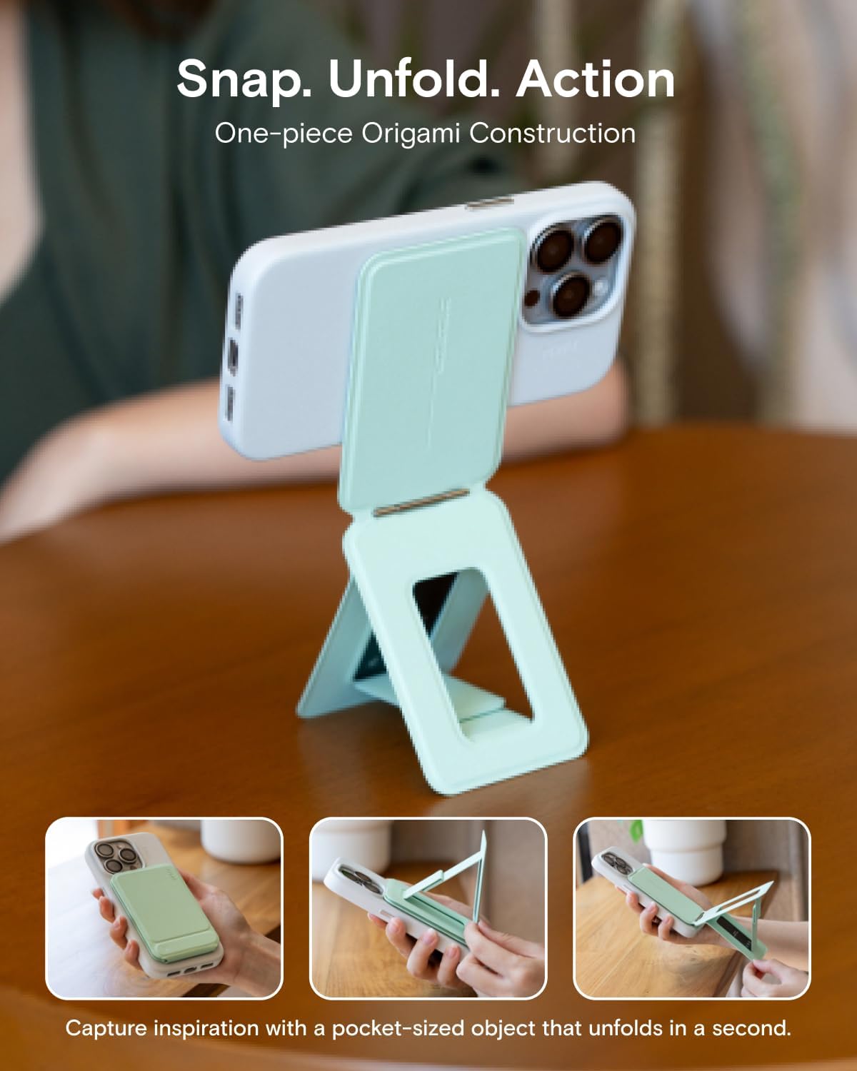 MOFT Phone Stand, Magnetic Phone Tripod Stand Stain-Resistant MOVAS Leather & Angle Adjustment & Strong Magnets Tripod for iPhone 16/15/14/13/12 (Included Metal Ring)-Cement