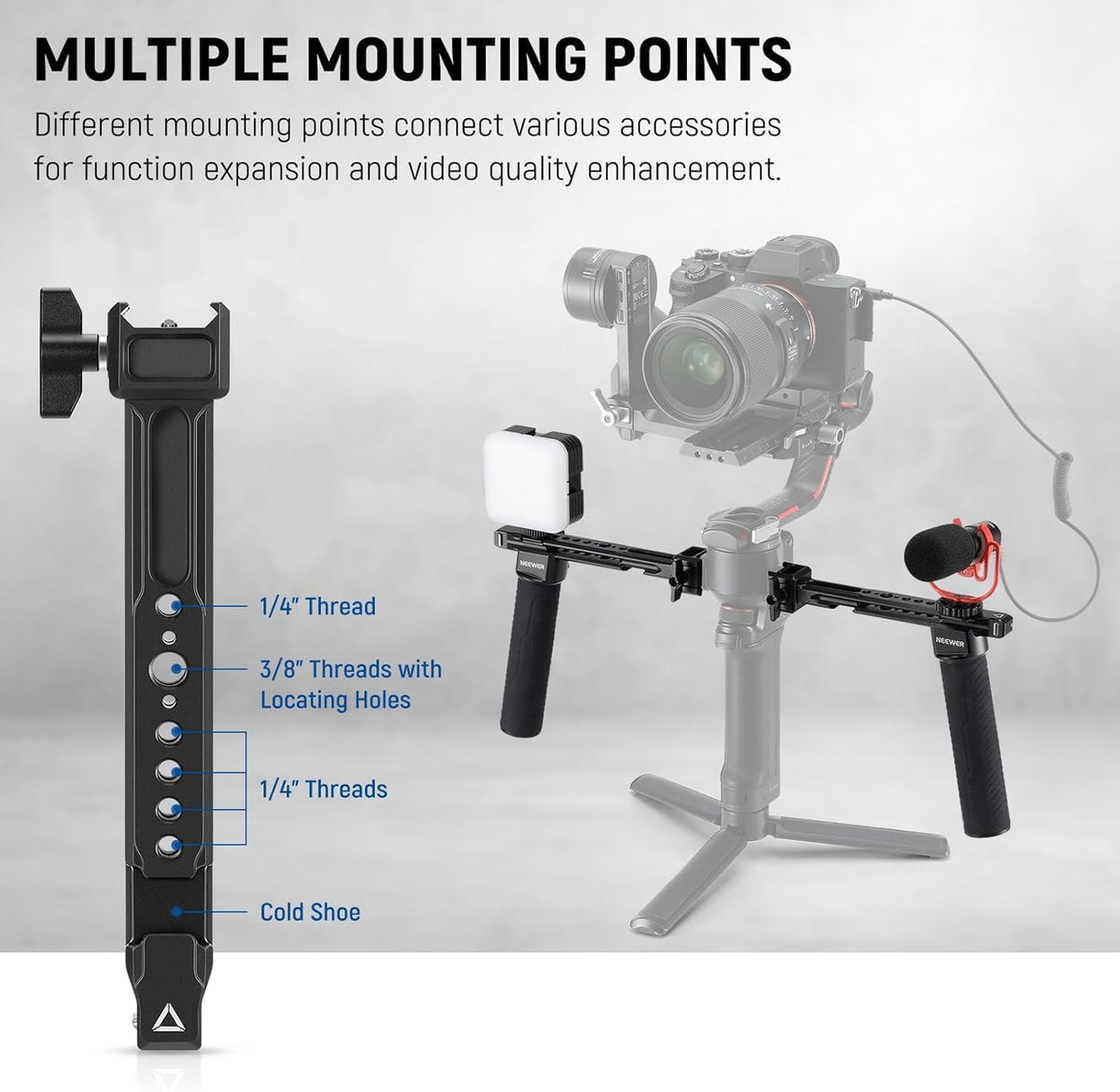 NEEWER Dual Handgrip Compatible with DJI RS4 RS4 Pro RS3 RS3 Pro RS2 RSC2 Ronin S SC Gimbal, Dual Handle Kit with 2 Mini NATO Rails, Quick Release NATO Clamps, 1/4" & 3/8" Threads, GA006