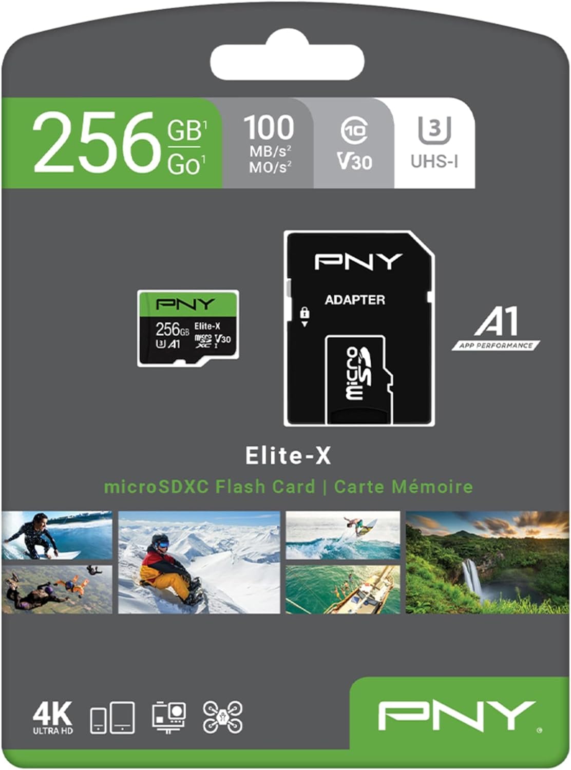PNY 256GB Elite-X Class 10 U3 V30 microSDXC Flash Memory Card - 100MB/s, Class 10, U3, V30, A1, 4K UHD, Full HD, UHS-I, Micro SD