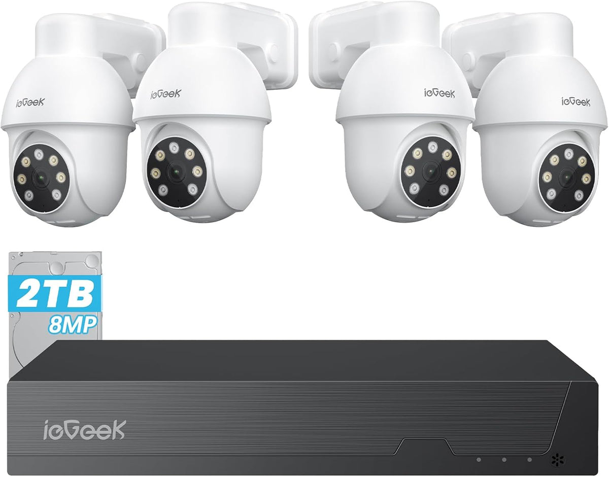 ieGeek 8MP PoE Security Camera System, 4pcs Wired Outdoor Cameras for Home Security with 355°Pan 90°Tilt, 8CH NVR with 2TB HDD, Automatic Human Tracking,AI Detection,2-Way Audio,Color Night Vision
