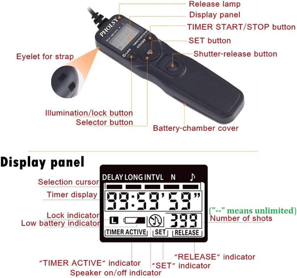 PHOLSY RR90 Timer Remote Control Cable with Intervalometer for Fujifilm GFX50S X-Pro2 X-H1 X-T2 X-T1 X-T10 X-T20 X-T100 X-E2S X-E2 X-E3 X-M1 X-A20 X-A5 X-A3 X-A2 X-A1 X-A10 X100F X100T X70 X30 XQ2 XQ1