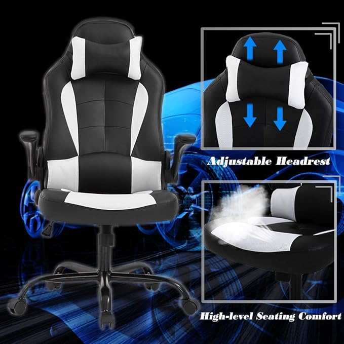 Massage Gaming Chair WhiteGamer Chair Video Game Chair for Adults Desk Chair with Lumbar Support Flip Up Arms Rolling Chair with Wheels for Adults PU Leather Computer Chair