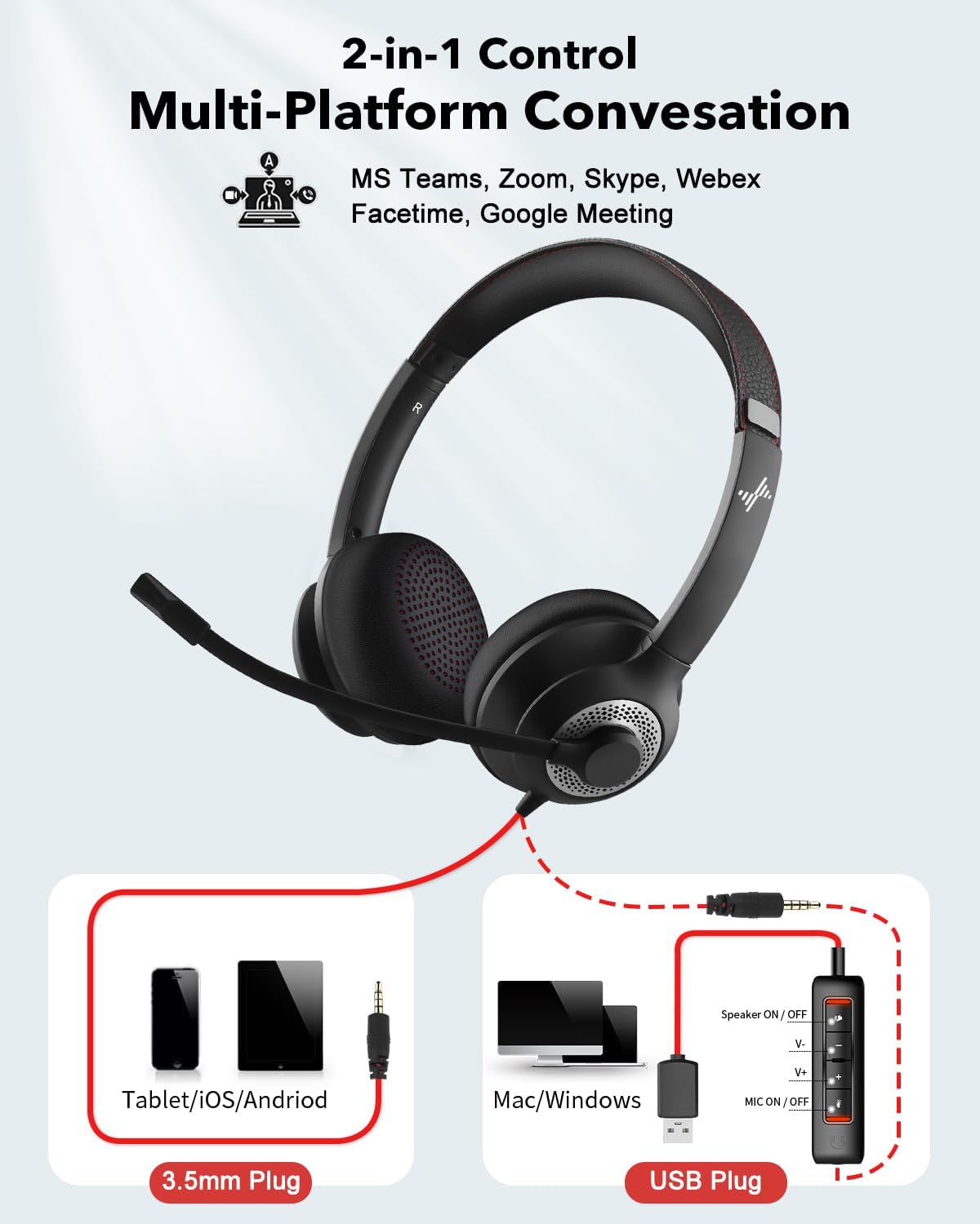 Headset (USB+3.5mm, JIAMQISHI USB with Microphone for PC, On-Ear Computer Laptop Headphones with Noise Cancelling