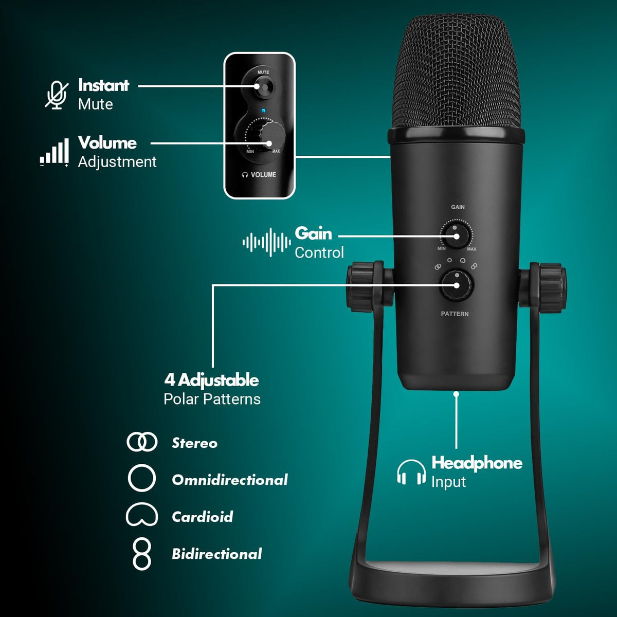 Movo UM700 Computer Condenser USB Gaming Mic with Adjustable Pickup Patterns - Microphone for PC, PS5, Podcasting, Streaming, ASMR