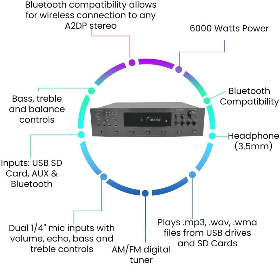 Vaiyer Home Audio System Kit, 6-Channel 6000 Watts Amplifier with 5.25" 8 Qty of 175 W Each Frameless in-Ceiling Speakers & 16 AWG 500 ft. Speaker Wire Perfect for Home, Office, Restaurants