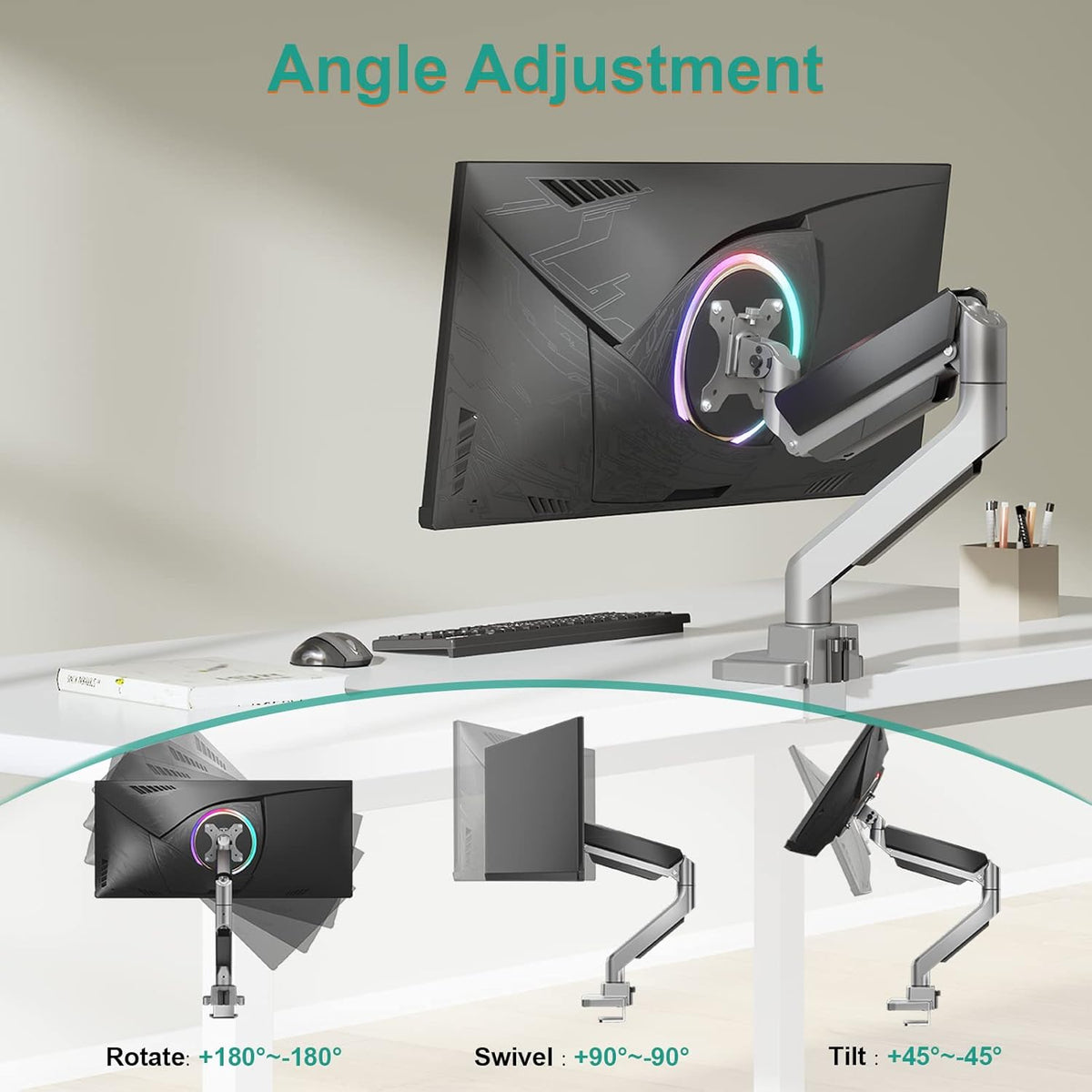 WALI Ultrawide Monitor Arm for 13 to 49 Inch Heavy Duty Curved Screens, Adjustable Gas Spring Single Monitor Desk Mount with 2 USB 3.0 Ports, Holds 33 lbs, 75x75/100x100 VESA, Silver (GSMU001)