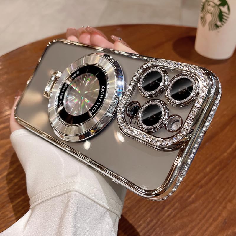Magnetic Kickstand (Glitter Lens Protector ) Case for iPhone 15 14 13 12 Pro Max (Compatible with Magsafe ) Sparkling Diamond Cover Glitter Shiny Rhinestone Cases (Silver,for iPhone 14 Pro Max)