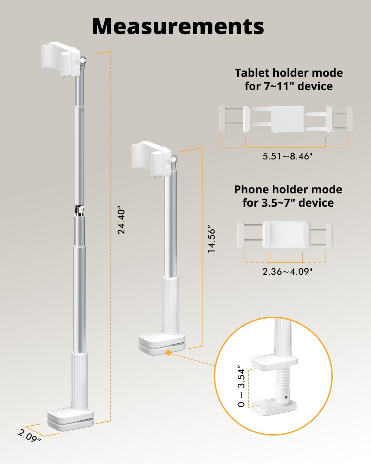 Phone Holder for Bed, 360° Rotation Cell Phone Stand, Flexible Long Arm Headboard Bedside Clip, Multi-Functional Overhead Phone Mount for 3.5-11" Phones, Tablets, Kindle, White