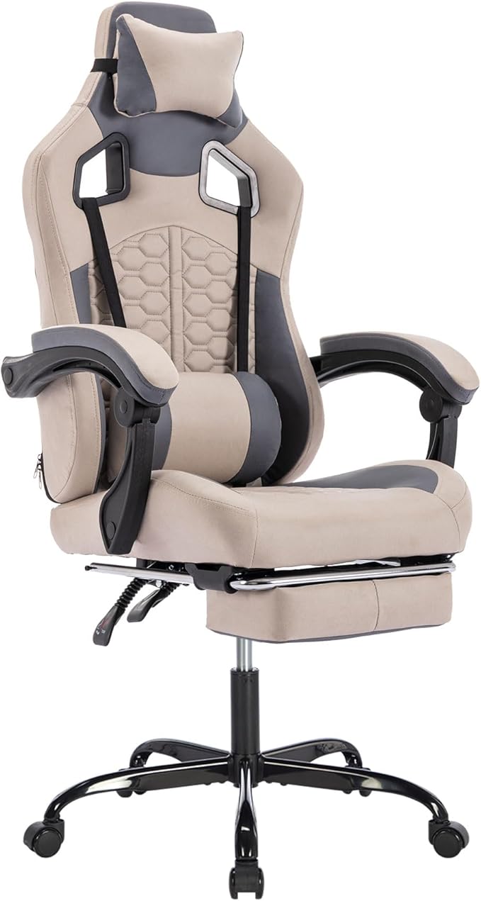 Grey 360° Swivel Gaming Chair Ergonomic Heavy Duty 330lbs Office Chair with Footrest and Massage Lumbar Support Height Adjustable High Back Reclining Gamer Chair with Headrest (Grey)