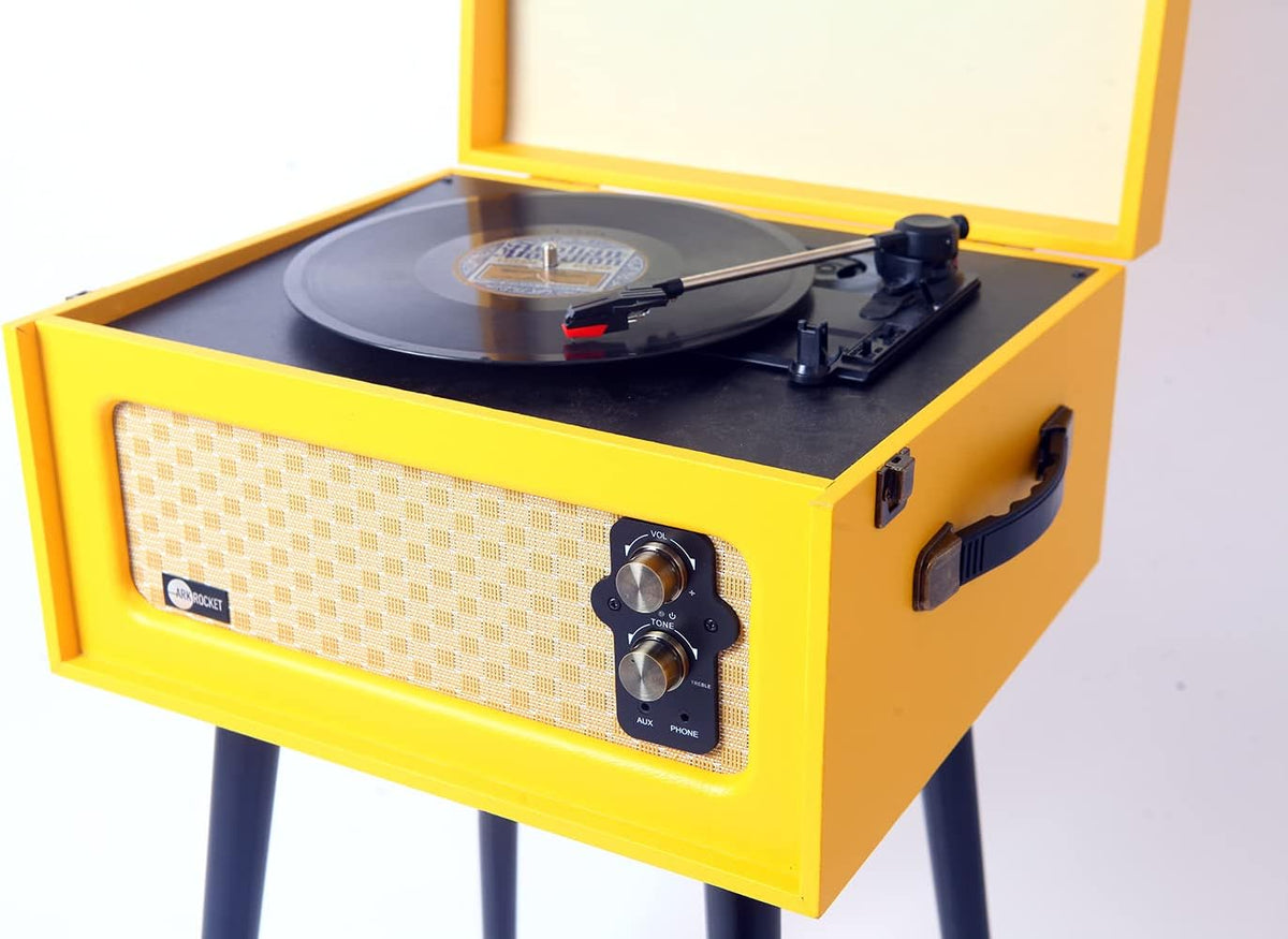 Arkrocket 3-Speed Bluetooth Record Player Retro Turntable with Built-in Speakers and Removable Legs (Yellow)