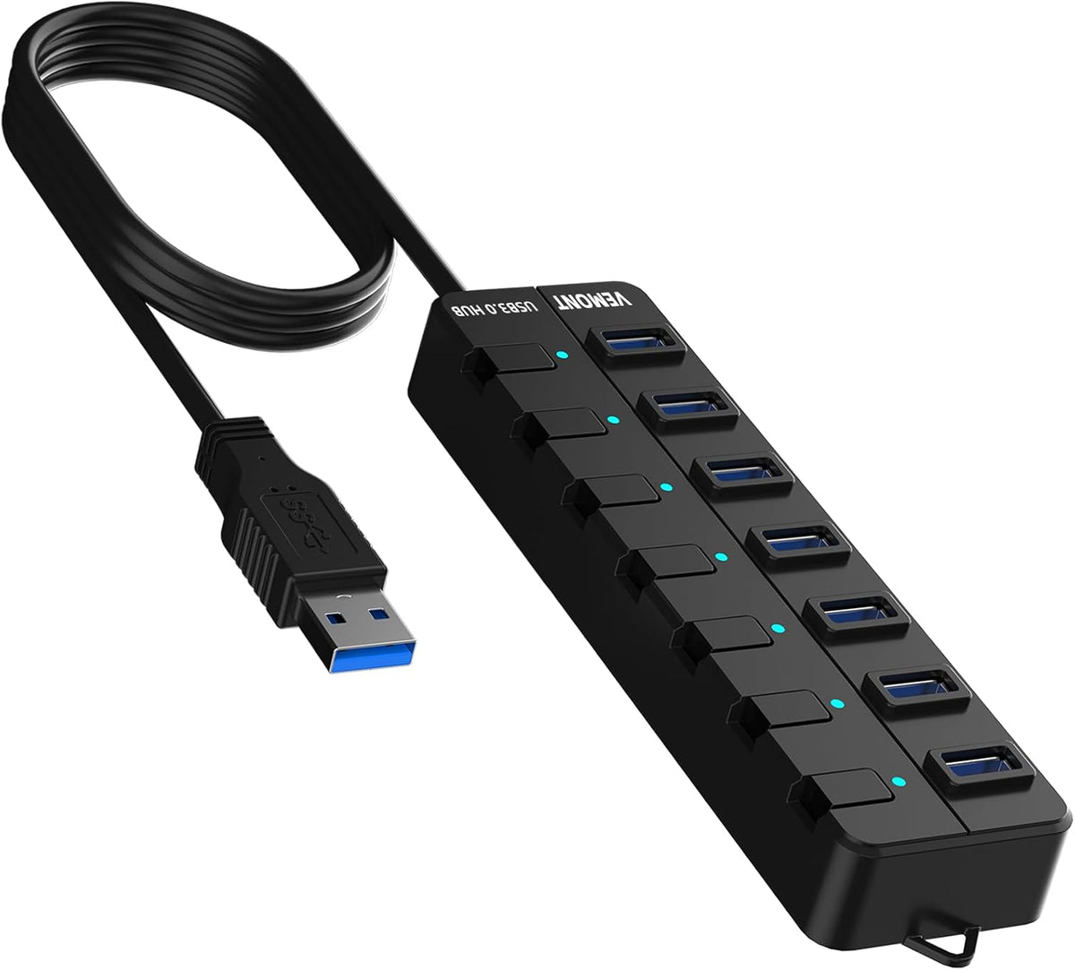 VEMONT 7-Port USB 3.0 Hub (Equipped with a 4-Foot Data Cable, Individual Switch, and Indicator Light, it Supports Data Transfer speeds of up to 5Gbps) Suitable for Desktop Computers and laptops.