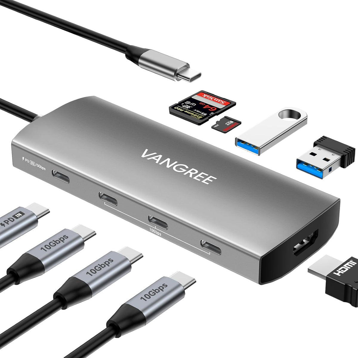 USB C to USB C Hub 10Gbps, 3 USB 3.2 Gen 2 Ports, 4K@60Hz HDMI, 100W PD, 2 USB 3.0 & SD/TF Card Reader, USBC Splitter Multiport Adapter for MacBook Pro/Air, iMac, iPad Pro(Not Support Type-C Monitor)